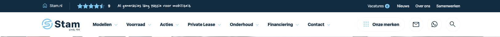 STAM. Al generaties lang passie voor mobiliteit. Modellen, Voorraad, Acties, Private Lease, Onderhoud, Financiering, Contact en Onze merken.